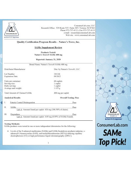 Suplemento SAM-e Nature's Trove 400mg 30 Tabletas Veganas