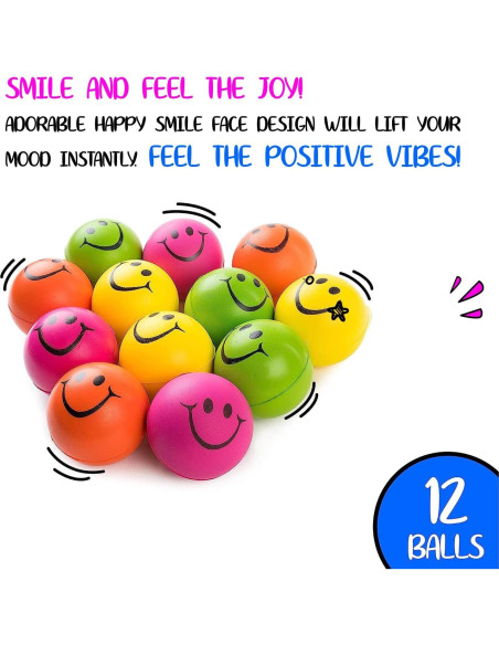 Pelotas de Estrés Neliblu Neon Smile - Paquete de 12 - 6,35 cm