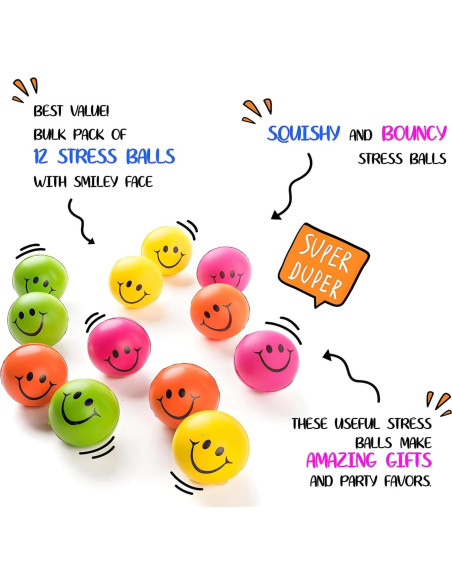 Pelotas de Estrés Neliblu Neon Smile - Paquete de 12 - 6,35 cm