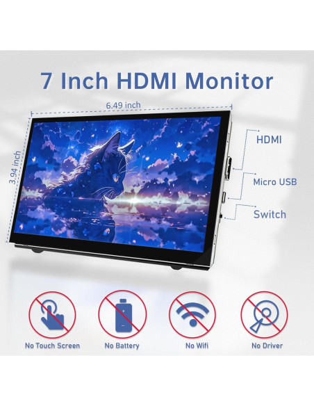 Monitor Mini HDMI 7" AZA 800x480 para Raspberry Pi y PC