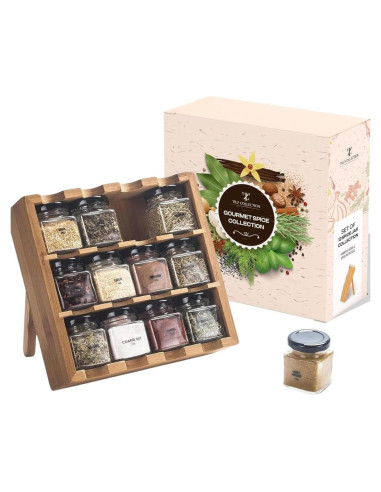 Estante de Especias de Madera Tilz con 12 Tarros de Vidrio