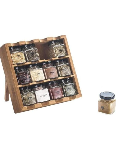 Estante de Especias de Madera Tilz con 12 Tarros de Vidrio
