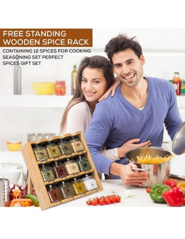 Estante de Especias de Madera Tilz con 12 Tarros de Vidrio