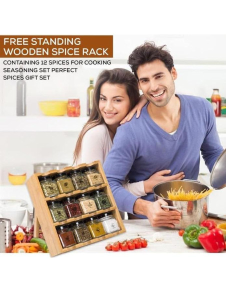 Estante de Especias de Madera Tilz con 12 Tarros de Vidrio