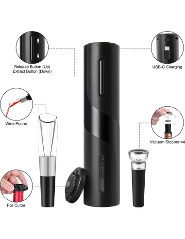 Sacacorchos Eléctrico ELMWAY Negro con Cortador y Tapones