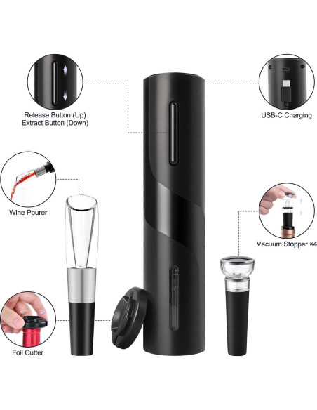 Sacacorchos Eléctrico ELMWAY Negro con Cortador y Tapones