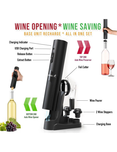 Abridor de Vino Eléctrico GenieX 6-en-1 con Base de Carga