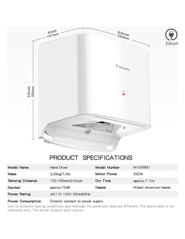 Secador de Manos Automático Modunful M-2008S1-W 1200W