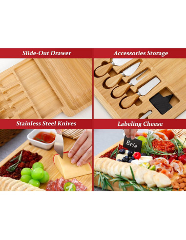Tabla de Queso Easoger Grande de Bambú con 4 Utensilios