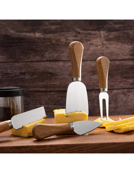 Juego de 4 Cuchillos para Queso Linwnil con Mango de Madera