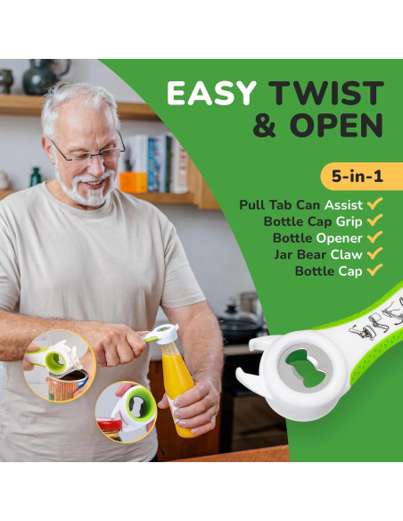 Abrebotellas Multifuncional 5 en 1 Verde Guisante para Artritis