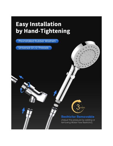 Cabezal de Ducha FASDUNT Cromo 6 Modos 80" Manguera