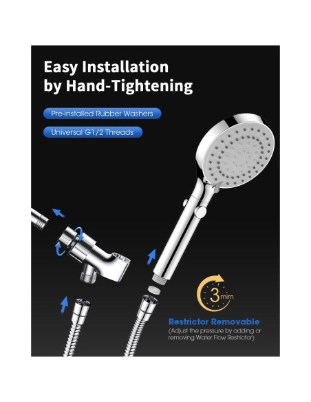 Cabezal de Ducha FASDUNT Cromo 6 Modos 80" Manguera