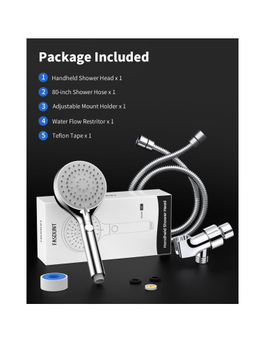 Cabezal de Ducha FASDUNT Cromo 6 Modos 80" Manguera