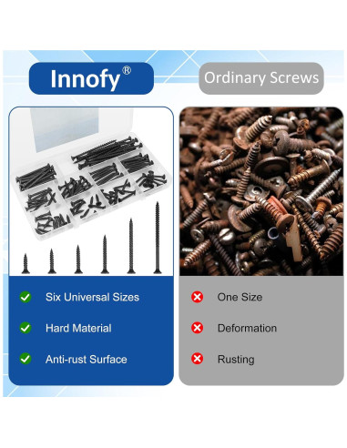 Kit de Tornillos para Drywall Innofy 108 Piezas 6 Tamaños Negro