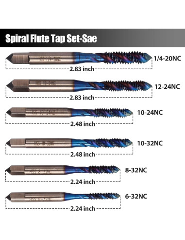 Juego de Brocas de Rosca Yakamoz HSS 6 Piezas SAE 6-32 a 1/4