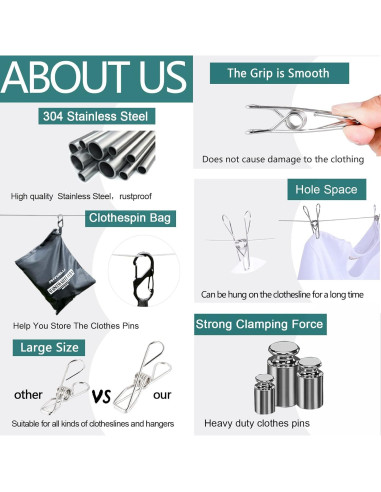 30 Pinzas de Acero Inoxidable PHYDELU para Ropa y Comida