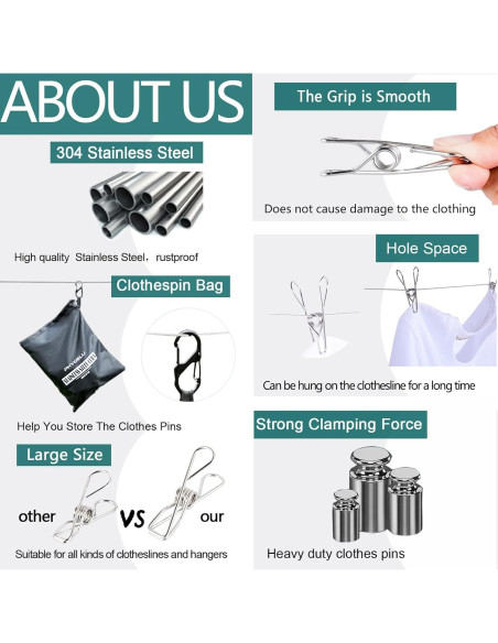 30 Pinzas de Acero Inoxidable PHYDELU para Ropa y Comida