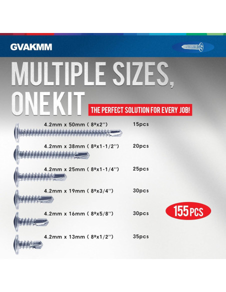 Kit de Tornillos Autoperforantes Gvakmm 155 Piezas 6 Tamaños