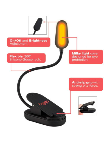 Luz de Libro LED Ámbar Hooga Recargable con Clip 1600K