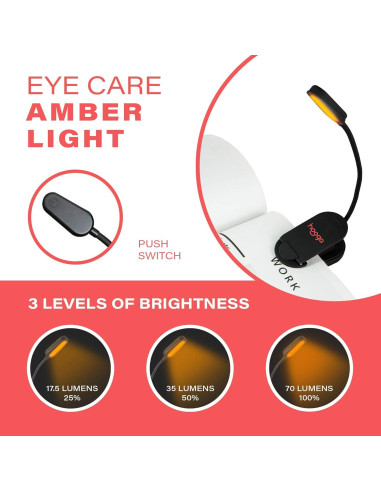 Luz de Libro LED Ámbar Hooga Recargable con Clip 1600K
