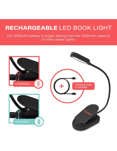 Luz de Libro LED Ámbar Hooga Recargable con Clip 1600K