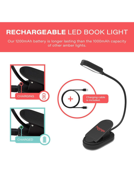 Luz de Libro LED Ámbar Hooga Recargable con Clip 1600K