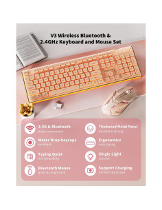 Teclado y Ratón Inalámbricos EWEADN V3 Rosa Retroiluminado 2