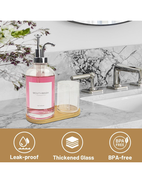 Dispensador de enjuague bucal Ezebesta vidrio 500 ml con soporte