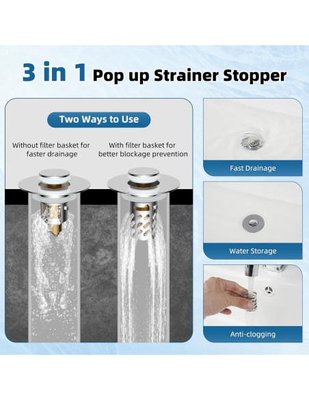 Tapón de Lavabo iFealClear Cromo 3 en 1 Drenaje Filtro