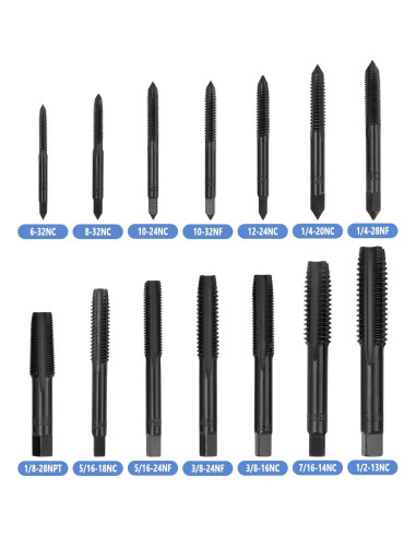 Juego de Machos de Rosca HSS Mesee 14 Piezas SAE 6-32NC a 1/2-13NC