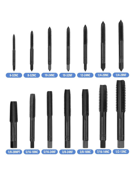 Juego de Machos de Rosca HSS Mesee 14 Piezas SAE 6-32NC a 1/2-13NC