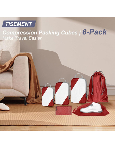 Set de 6 Cubos de Compresión TISEMENT Rojo para Viaje