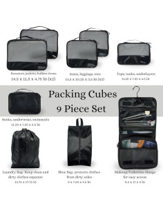 Juego de 9 Cubos de Empaque Bailey Negro - Organizador de Viaje 2