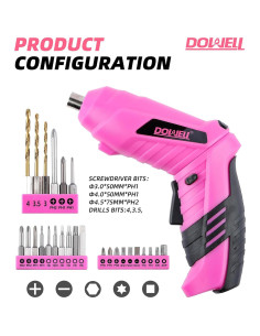 Destornillador Eléctrico Inalámbrico DOWELL 3.6V Rosa con 27 Accesorios 2
