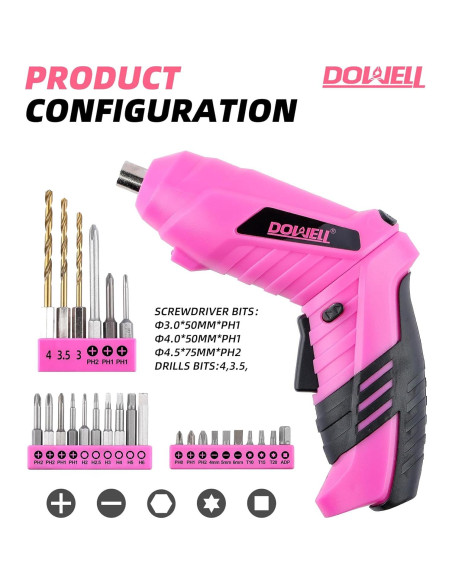 Destornillador Eléctrico Inalámbrico DOWELL 3.6V Rosa con 27 Accesorios