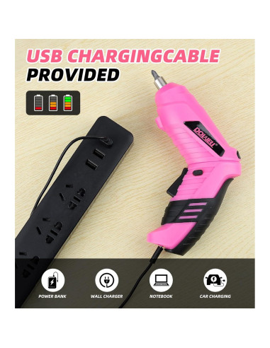 Destornillador Eléctrico Inalámbrico DOWELL 3.6V Rosa con 27 Accesorios