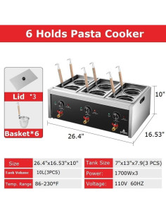 Cocedor de Pasta Koalalko 3 Tanques 6 Coladores 1700W 110V 2