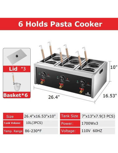 Cocedor de Pasta Koalalko 3 Tanques 6 Coladores 1700W 110V