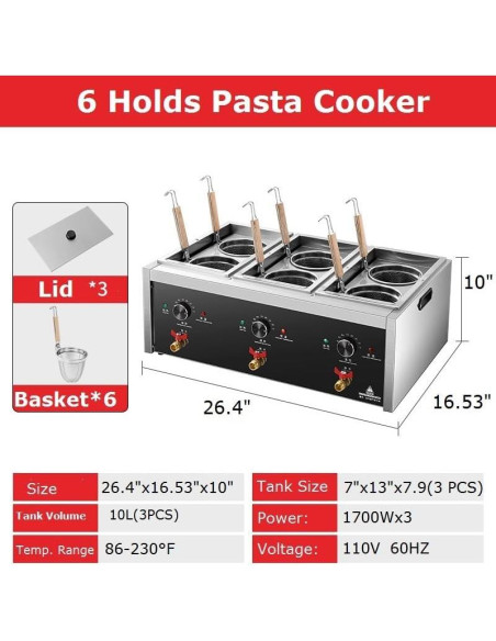 Cocedor de Pasta Koalalko 3 Tanques 6 Coladores 1700W 110V
