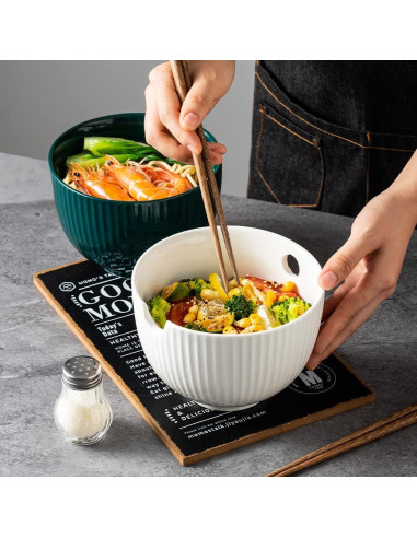 Tazón de Ramen Cerámica KAMAIDI 800 ML Blanco con Palillos