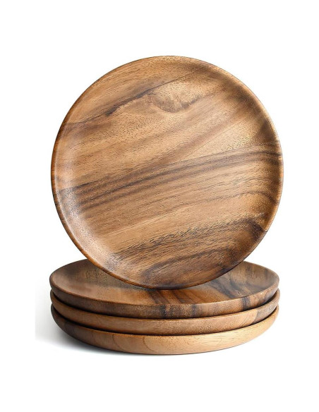 IQCWOOD Set de 4 Platos de Madera de Acacia 20 cm