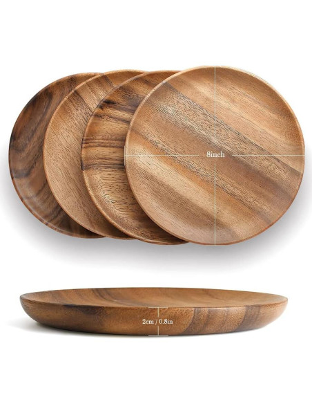IQCWOOD Set de 4 Platos de Madera de Acacia 20 cm