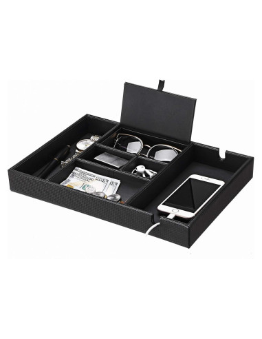 Bandeja de Valet BEWISHOME Organizador de Mesita de Noche 6 Compartimentos Cuero Sintético Negro