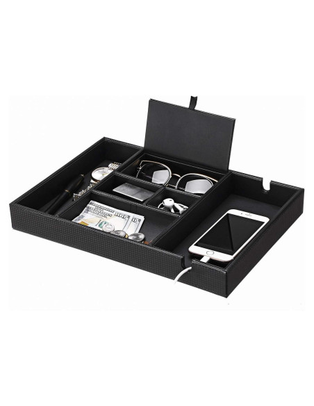Bandeja de Valet BEWISHOME Organizador de Mesita de Noche 6 Compartimentos Cuero Sintético Negro