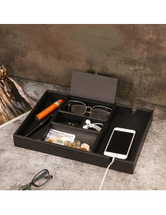 Bandeja de Valet BEWISHOME Organizador de Mesita de Noche 6 Compartimentos Cuero Sintético Negro 2