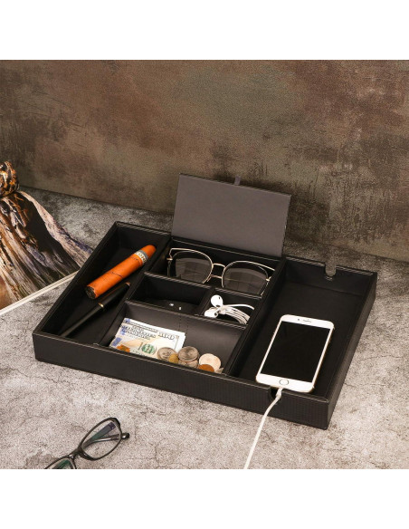 Bandeja de Valet BEWISHOME Organizador de Mesita de Noche 6 Compartimentos Cuero Sintético Negro