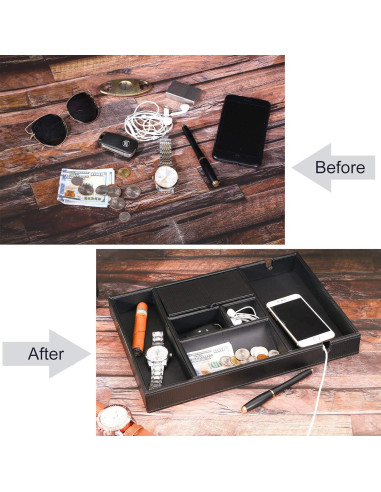 Bandeja de Valet BEWISHOME Organizador de Mesita de Noche 6 Compartimentos Cuero Sintético Negro