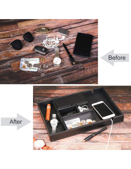 Bandeja de Valet BEWISHOME Organizador de Mesita de Noche 6 Compartimentos Cuero Sintético Negro