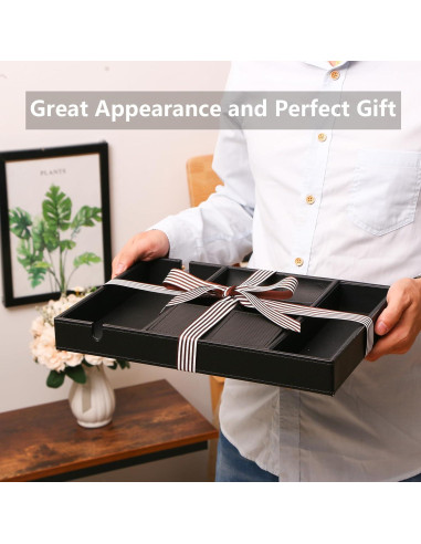 Bandeja de Valet BEWISHOME Organizador de Mesita de Noche 6 Compartimentos Cuero Sintético Negro